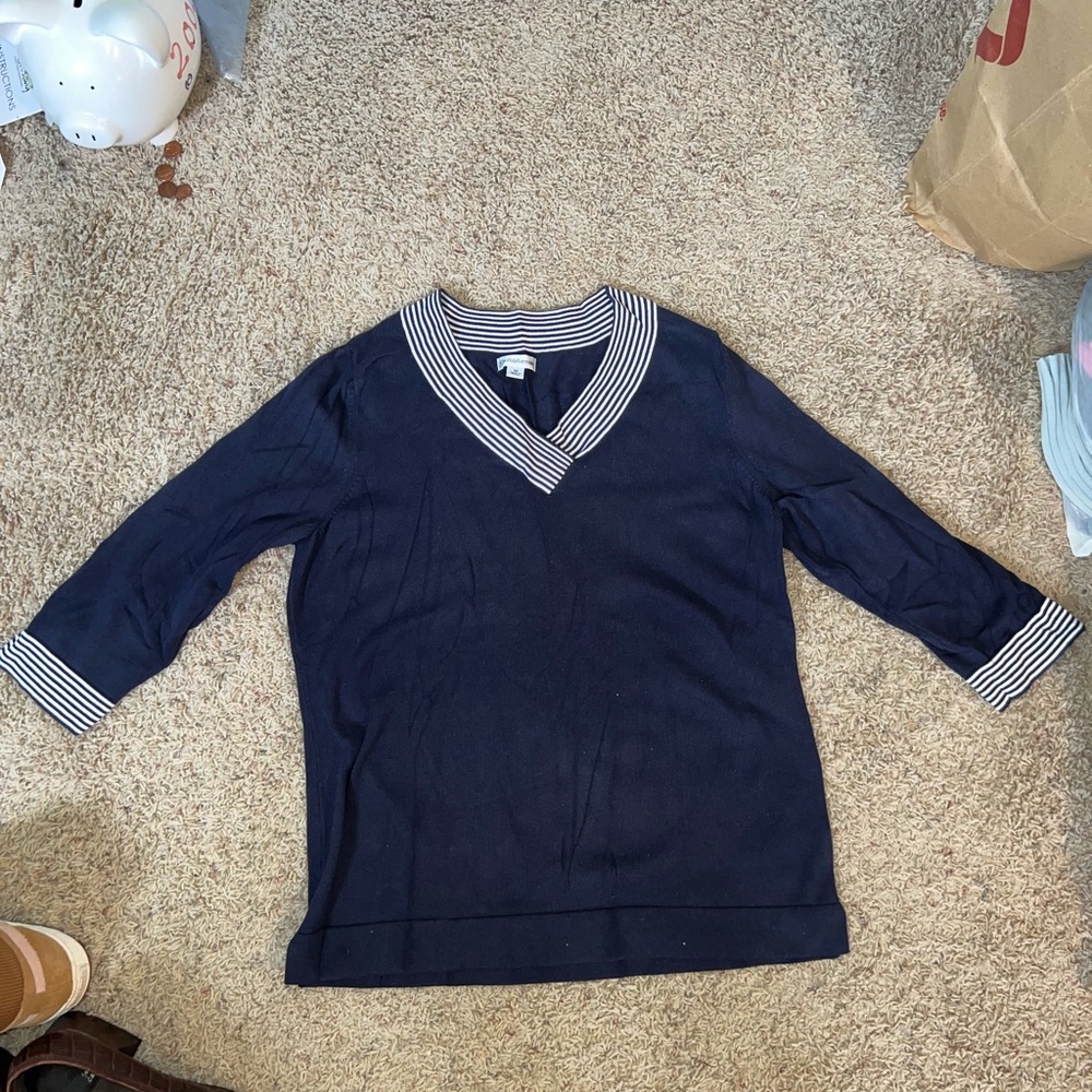 Craft & Barrow Navy V-Neck Sweater with Striped Trim